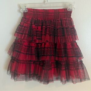 Francesca's Blue Rain Skirt Size S Red And Black Plaid Ruffle Mini